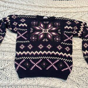 Vintage Eagle Point Hand-Knit Nordic Snowflake Ramie/Cotton Mix Sweater Women's
